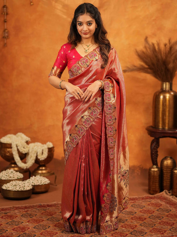 Deep Coral Red Banarasi Silk Saree with All-Over Zari Weaving & Designer Embroidered Border | Wedding & Festive Wear Saree with Blouse & Tassels