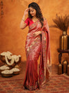 Deep Coral Red Banarasi Silk Saree with All-Over Zari Weaving & Designer Embroidered Border | Wedding & Festive Wear Saree with Blouse & Tassels