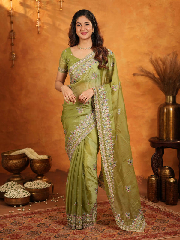 Olive Green Fendy Satin Embroidered Saree with Heavy Floral Border & Designer Pallu | Festive Wear Saree with Embroidered Blouse