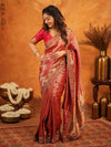 Deep Coral Red Banarasi Silk Saree with All-Over Zari Weaving & Designer Embroidered Border | Wedding & Festive Wear Saree with Blouse & Tassels