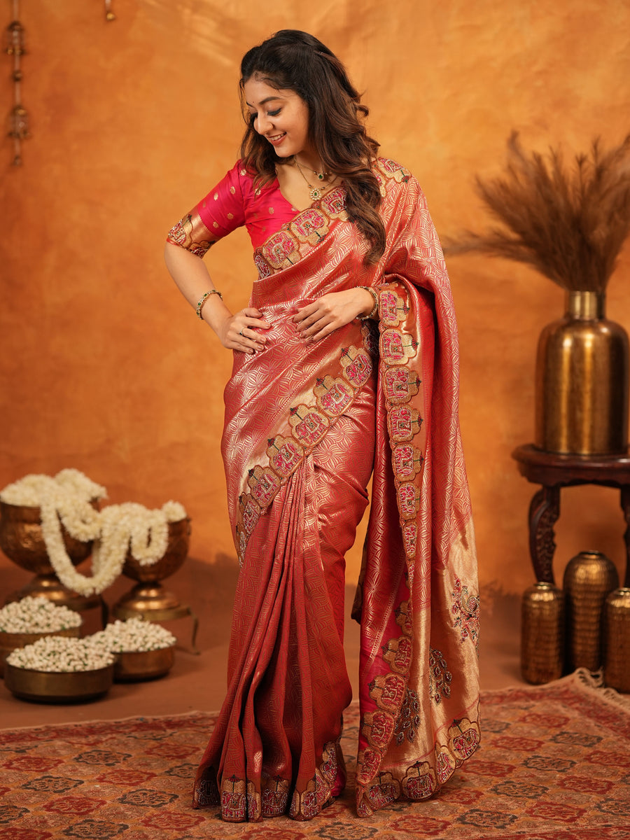 Deep Coral Red Banarasi Silk Saree with All-Over Zari Weaving & Designer Embroidered Border | Wedding & Festive Wear Saree with Blouse & Tassels