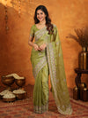 Olive Green Fendy Satin Embroidered Saree with Heavy Floral Border & Designer Pallu | Festive Wear Saree with Embroidered Blouse