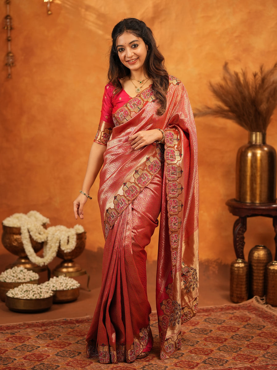 Deep Coral Red Banarasi Silk Saree with All-Over Zari Weaving & Designer Embroidered Border | Wedding & Festive Wear Saree with Blouse & Tassels