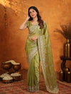 Olive Green Fendy Satin Embroidered Saree with Heavy Floral Border & Designer Pallu | Festive Wear Saree with Embroidered Blouse