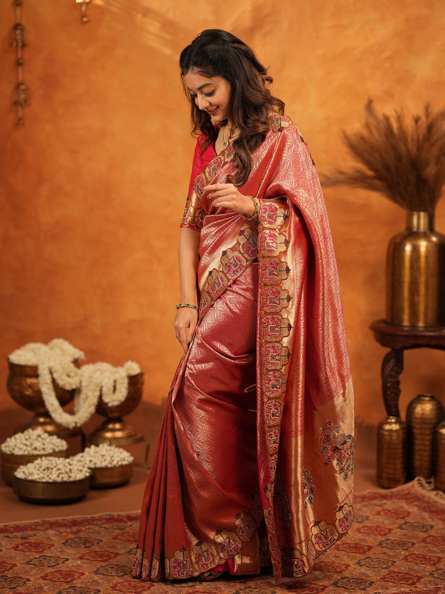 Deep Coral Red Banarasi Silk Saree with All-Over Zari Weaving & Designer Embroidered Border | Wedding & Festive Wear Saree with Blouse & Tassels