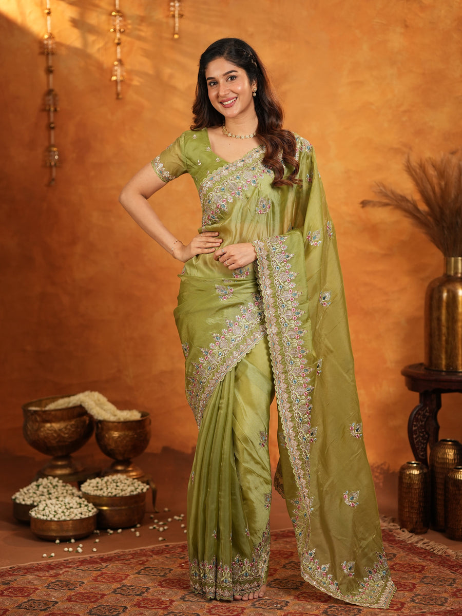 Olive Green Fendy Satin Embroidered Saree with Heavy Floral Border & Designer Pallu | Festive Wear Saree with Embroidered Blouse