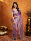Lavender Purple Fendy Satin Embroidered Saree with Heavy Floral Border & Designer Pallu | Party Wear Saree with Embroidered Blouse