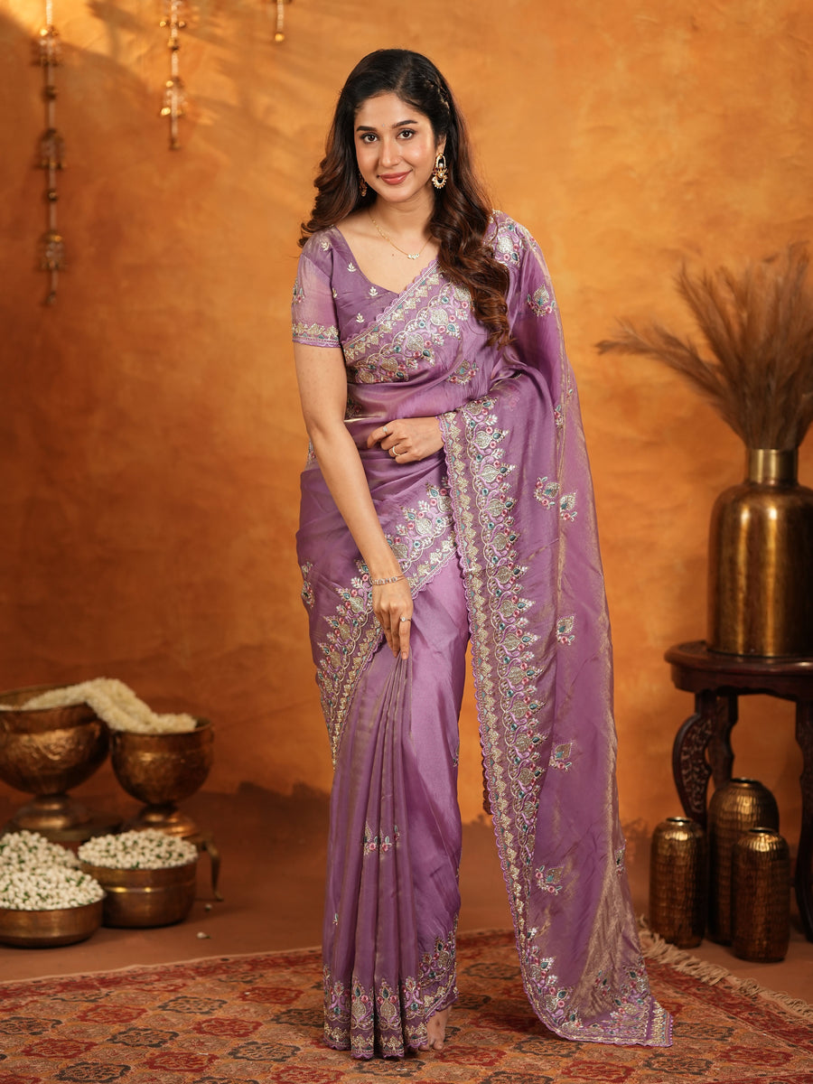 Lavender Purple Fendy Satin Embroidered Saree with Heavy Floral Border & Designer Pallu | Party Wear Saree with Embroidered Blouse