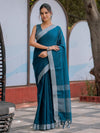Teal Blue Pure Handloom Cotton Saree with Silver Border & Tassel Detailing