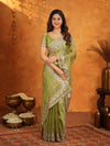 Olive Green Fendy Satin Embroidered Saree with Heavy Floral Border & Designer Pallu | Festive Wear Saree with Embroidered Blouse