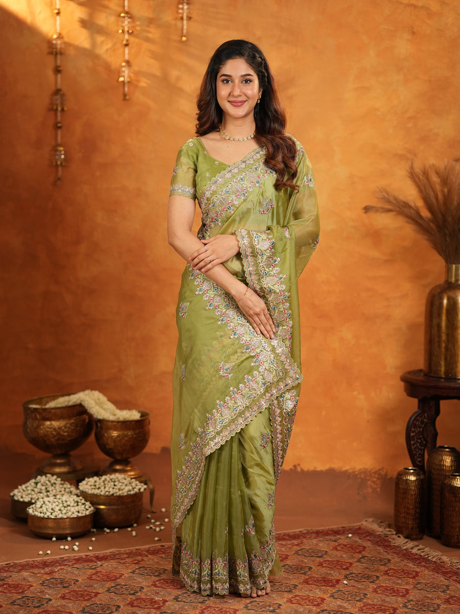Olive Green Fendy Satin Embroidered Saree with Heavy Floral Border & Designer Pallu | Festive Wear Saree with Embroidered Blouse