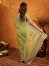 Olive Green Fendy Satin Embroidered Saree with Heavy Floral Border & Designer Pallu | Festive Wear Saree with Embroidered Blouse