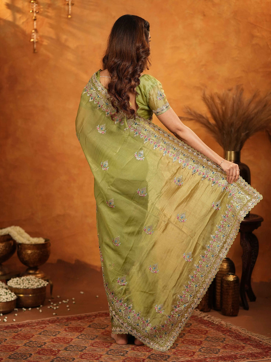 Olive Green Fendy Satin Embroidered Saree with Heavy Floral Border & Designer Pallu | Festive Wear Saree with Embroidered Blouse