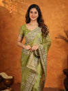 Olive Green Fendy Satin Embroidered Saree with Heavy Floral Border & Designer Pallu | Festive Wear Saree with Embroidered Blouse