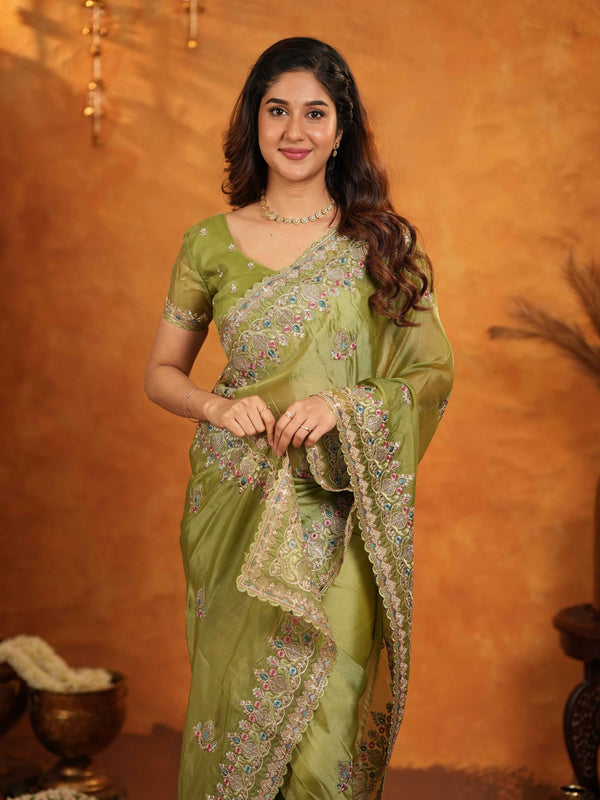 Olive Green Fendy Satin Embroidered Saree with Heavy Floral Border & Designer Pallu | Festive Wear Saree with Embroidered Blouse