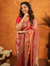 Deep Coral Red Banarasi Silk Saree with All-Over Zari Weaving & Designer Embroidered Border | Wedding & Festive Wear Saree with Blouse & Tassels