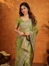 Olive Green Fendy Satin Embroidered Saree with Heavy Floral Border & Designer Pallu | Festive Wear Saree with Embroidered Blouse
