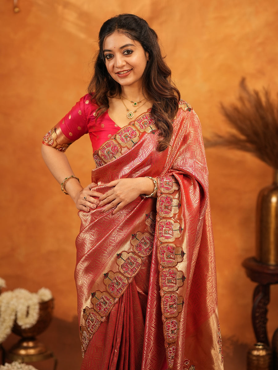 Deep Coral Red Banarasi Silk Saree with All-Over Zari Weaving & Designer Embroidered Border | Wedding & Festive Wear Saree with Blouse & Tassels