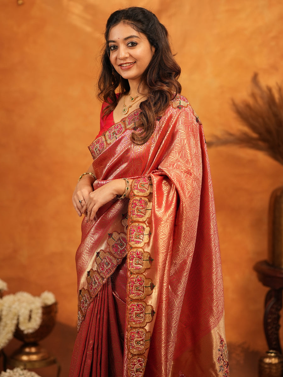 Deep Coral Red Banarasi Silk Saree with All-Over Zari Weaving & Designer Embroidered Border | Wedding & Festive Wear Saree with Blouse & Tassels