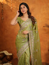 Olive Green Fendy Satin Embroidered Saree with Heavy Floral Border & Designer Pallu | Festive Wear Saree with Embroidered Blouse