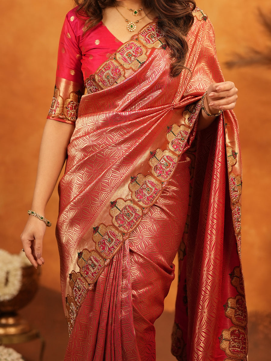 Deep Coral Red Banarasi Silk Saree with All-Over Zari Weaving & Designer Embroidered Border | Wedding & Festive Wear Saree with Blouse & Tassels