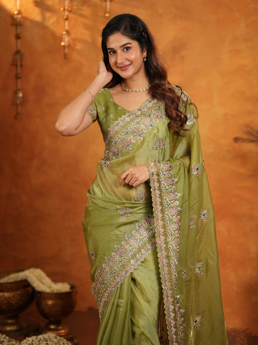 Olive Green Fendy Satin Embroidered Saree with Heavy Floral Border & Designer Pallu | Festive Wear Saree with Embroidered Blouse