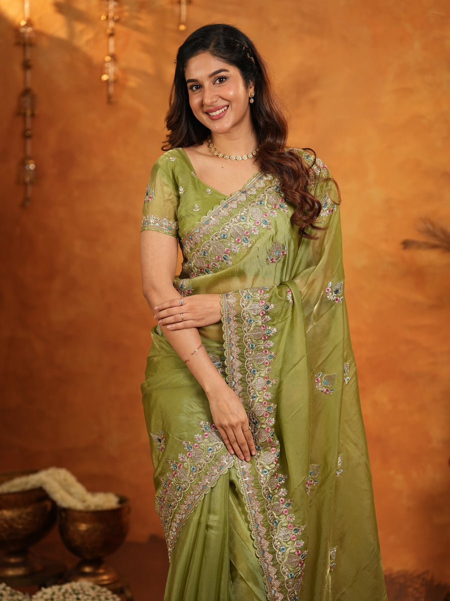 Olive Green Fendy Satin Embroidered Saree with Heavy Floral Border & Designer Pallu | Festive Wear Saree with Embroidered Blouse