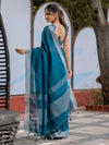 Teal Blue Pure Handloom Cotton Saree with Silver Border & Tassel Detailing