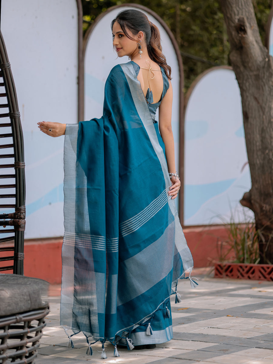 Teal Blue Pure Handloom Cotton Saree with Silver Border & Tassel Detailing