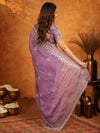 Lavender Purple Fendy Satin Embroidered Saree with Heavy Floral Border & Designer Pallu | Party Wear Saree with Embroidered Blouse
