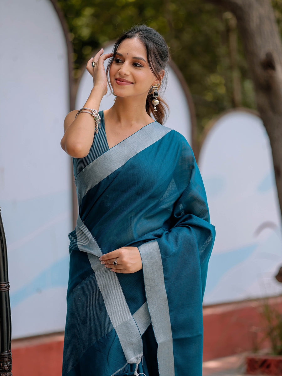 Teal Blue Pure Handloom Cotton Saree with Silver Border & Tassel Detailing