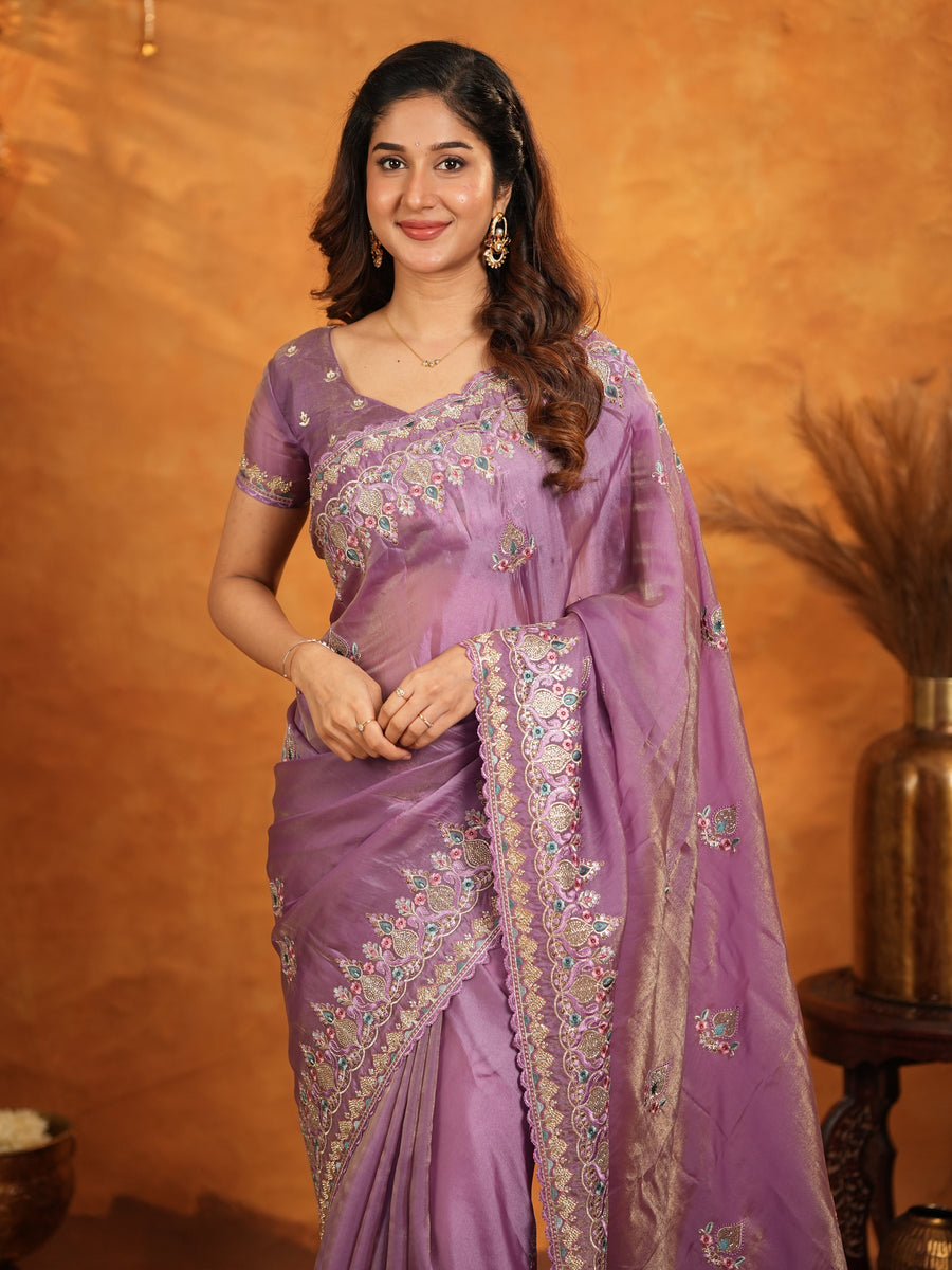 Lavender Purple Fendy Satin Embroidered Saree with Heavy Floral Border & Designer Pallu | Party Wear Saree with Embroidered Blouse