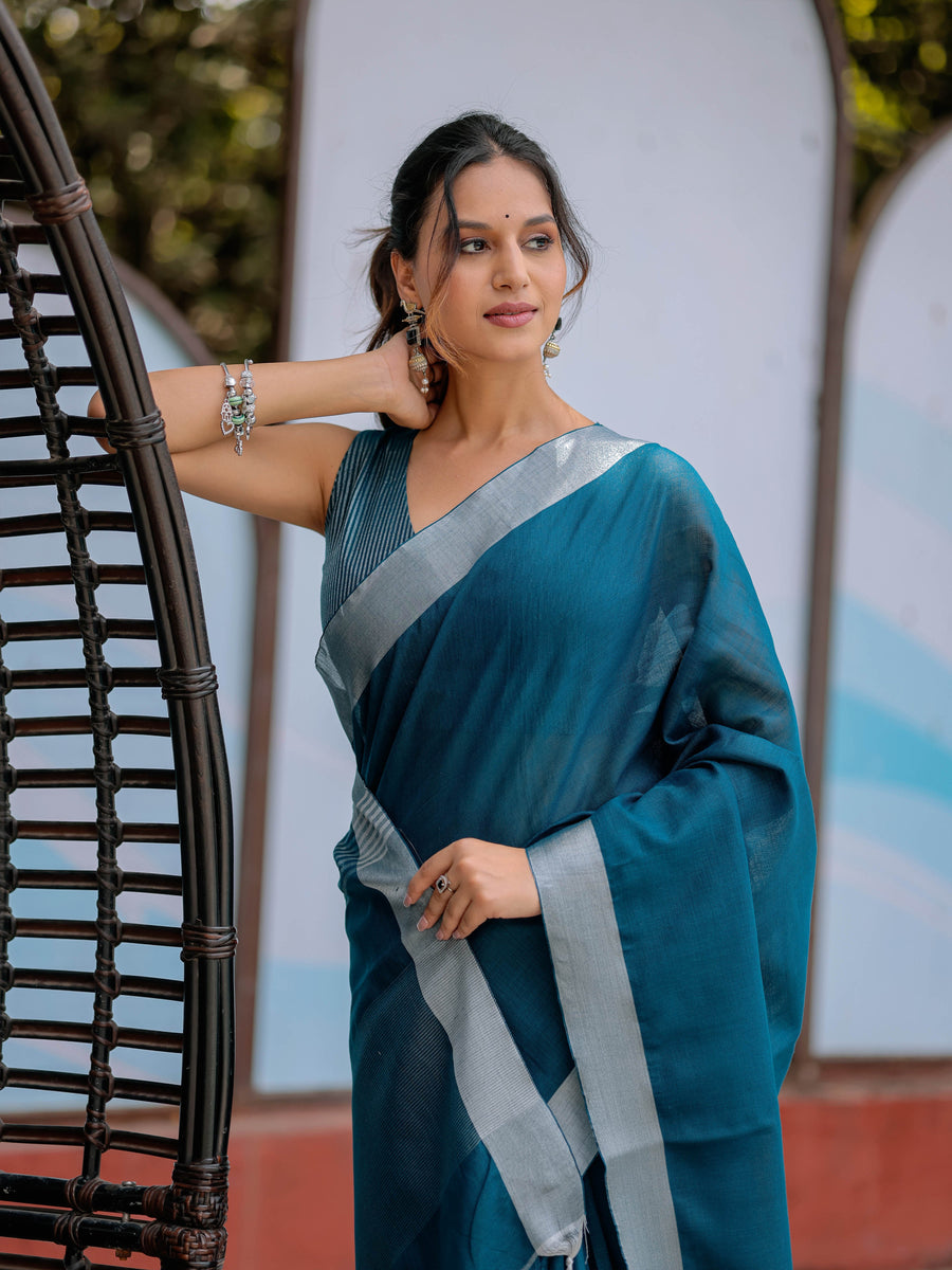 Teal Blue Pure Handloom Cotton Saree with Silver Border & Tassel Detailing