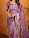 Lavender Purple Fendy Satin Embroidered Saree with Heavy Floral Border & Designer Pallu | Party Wear Saree with Embroidered Blouse