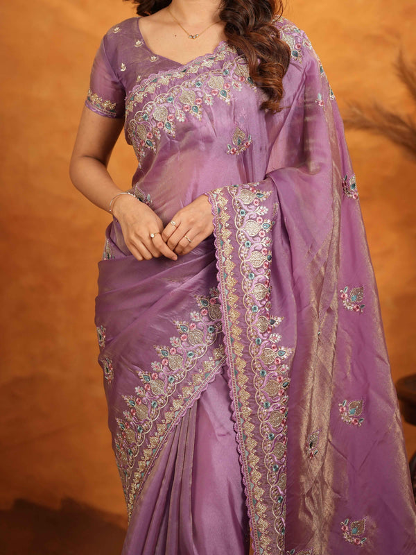 Lavender Purple Fendy Satin Embroidered Saree with Heavy Floral Border & Designer Pallu | Party Wear Saree with Embroidered Blouse