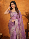 Lavender Purple Fendy Satin Embroidered Saree with Heavy Floral Border & Designer Pallu | Party Wear Saree with Embroidered Blouse