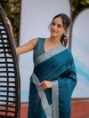 Teal Blue Pure Handloom Cotton Saree with Silver Border & Tassel Detailing