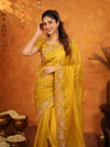Mustard Yellow Fendy Satin Embroidered Saree with Geometric Border & Rich Designer Pallu | Festive Wedding Wear Saree with Blouse