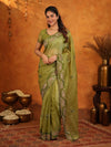 Olive Green Fendy Satin Embroidered Saree with Geometric Border & Designer Pallu | Festive & Wedding Wear Saree with Blouse