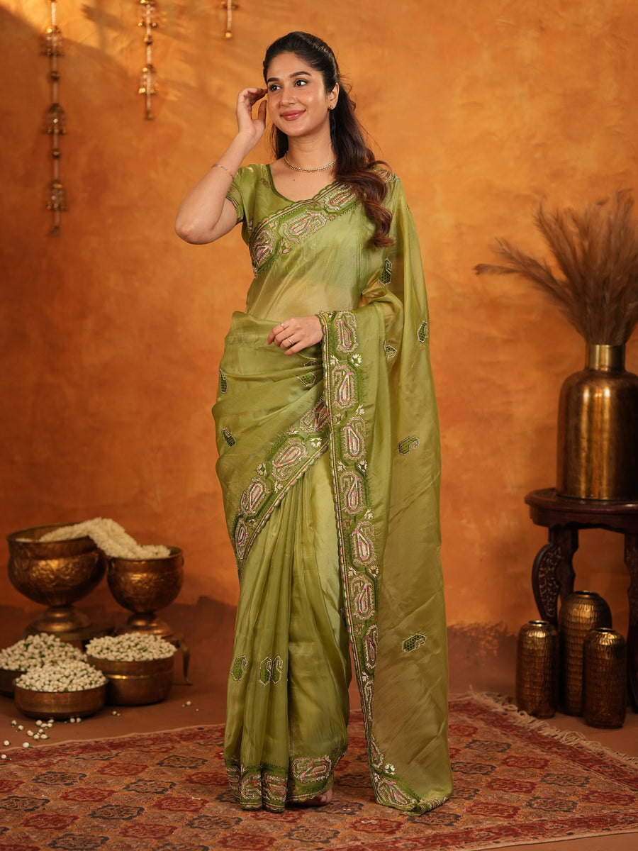 Olive Green Fendy Satin Embroidered Saree with Geometric Border & Designer Pallu | Festive & Wedding Wear Saree with Blouse