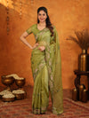 Olive Green Fendy Satin Embroidered Saree with Geometric Border & Designer Pallu | Festive & Wedding Wear Saree with Blouse