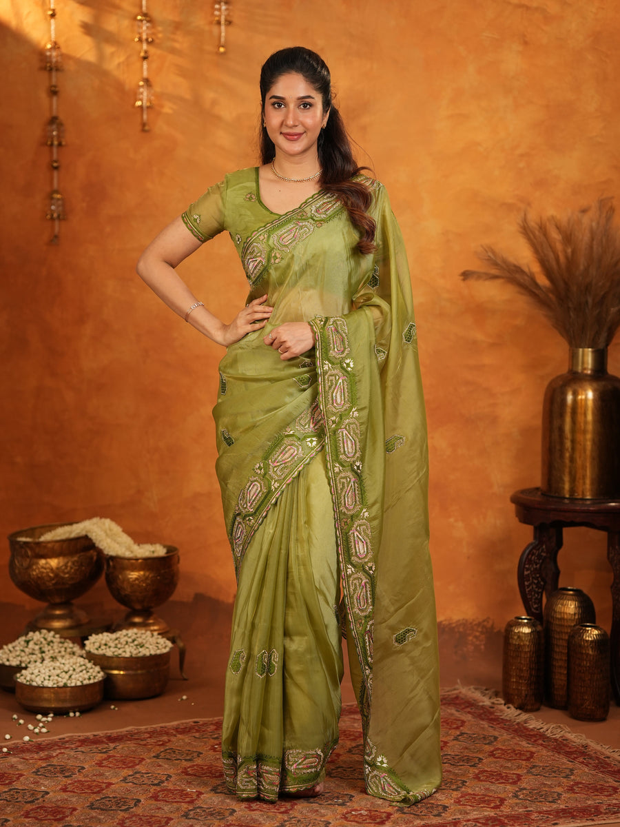 Olive Green Fendy Satin Embroidered Saree with Geometric Border & Designer Pallu | Festive & Wedding Wear Saree with Blouse