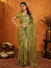 Olive Green Fendy Satin Embroidered Saree with Geometric Border & Designer Pallu | Festive & Wedding Wear Saree with Blouse