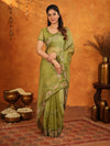 Olive Green Fendy Satin Embroidered Saree with Geometric Border & Designer Pallu | Festive & Wedding Wear Saree with Blouse