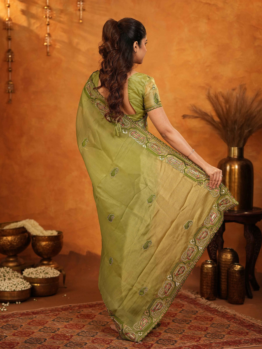 Olive Green Fendy Satin Embroidered Saree with Geometric Border & Designer Pallu | Festive & Wedding Wear Saree with Blouse