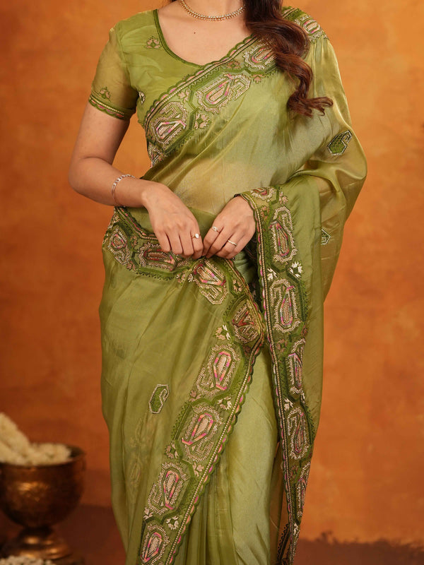 Olive Green Fendy Satin Embroidered Saree with Geometric Border & Designer Pallu | Festive & Wedding Wear Saree with Blouse