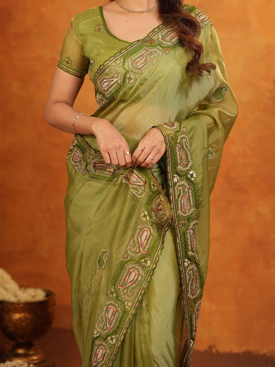 Olive Green Fendy Satin Embroidered Saree with Geometric Border & Designer Pallu | Festive & Wedding Wear Saree with Blouse