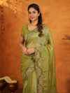 Olive Green Fendy Satin Embroidered Saree with Geometric Border & Designer Pallu | Festive & Wedding Wear Saree with Blouse