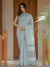Ash Grey Handloom Cotton Saree with Minimal Striped Weaving & Tassel Detailing