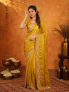 Mustard Yellow Fendy Satin Embroidered Saree with Geometric Border & Rich Designer Pallu | Festive Wedding Wear Saree with Blouse